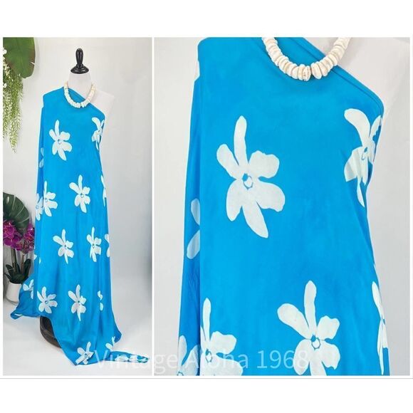 Turquoise/White Tiare' Tropical SARONG Kīkepa Pareo  Beach Wrap Summer Scarf - Picture 3 of 4